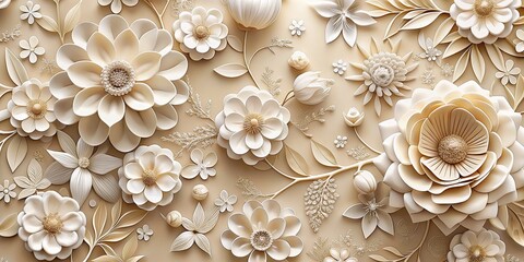 Elegant 3D Paper Flowers, Beige and White Floral Design,  Intricate  Floral Pattern, Art Deco Style, 3D Floral Wallpaper,  floral, 3d