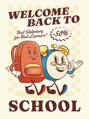 Groovy Back to School Retro Characters Poster. Cartoon Backpack and Alarm Clock Walking and Smiling. Vector Education Mascot Templates. Happy Vintage Cool Learning Personage Illustrations Isolated