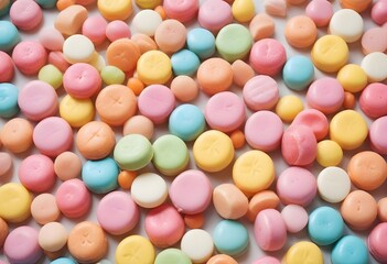 Obraz premium Large amount of assorted colorful candies and sweets on a side of a monochrome background, spiral lollipops and candies, fruit shaped candies, hard, soft candies, moue, caramel, chocolates, drawing