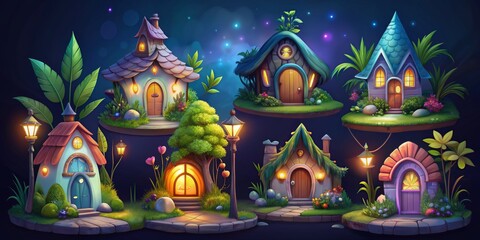 Fototapeta premium Enchanted Cottage Collection 6 Unique Homes in a Nighttime Fantasy Setting, cottage, fantasy, night, homes