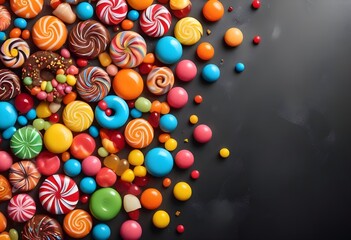 Large amount of assorted colorful candies and sweets on a side of  a monochrome background, spiral lollipops and candies, fruit shaped candies, hard, soft candies, moue, caramel, chocolates, drawing