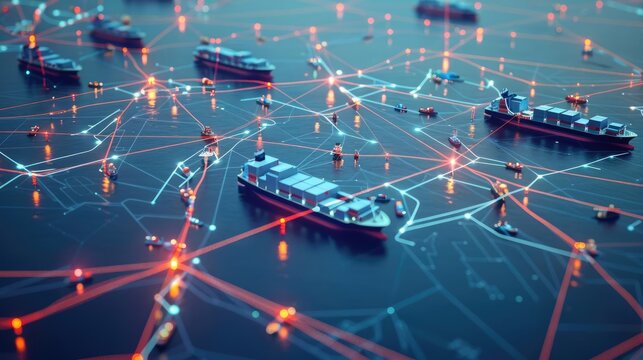 Network diagram with container ships as nodes, global logistics concept, network, maritime trade routes