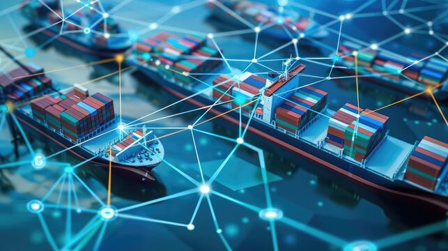 Network diagram with container ships as nodes, global logistics concept, network, maritime trade routes