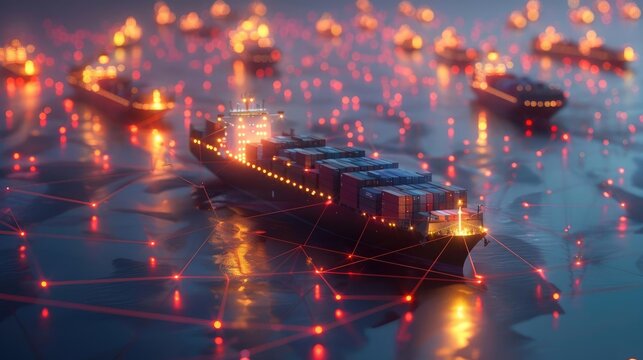 Network lines connecting multiple container ships, conceptual image of maritime logistics, network, shipping routes