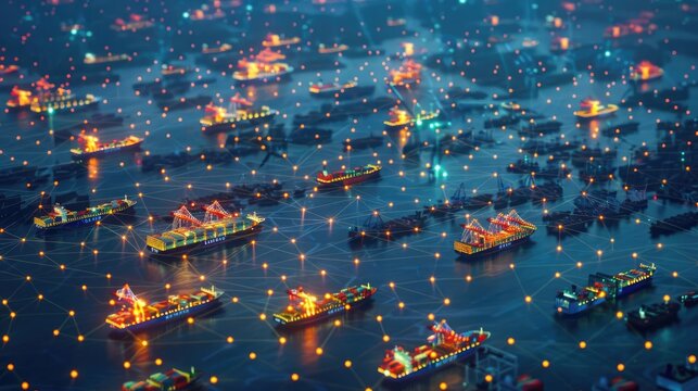 Network visualization with container ships and glowing nodes, emphasizing global connections, network, shipping industry