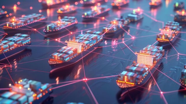 Network visualization with container ships and glowing nodes, emphasizing global connections, network, shipping industry