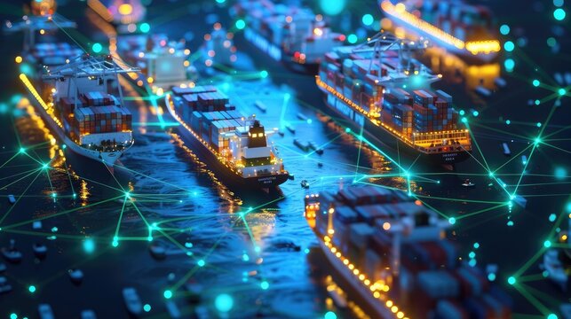 Network visualization with container ships and glowing nodes, emphasizing global connections, network, shipping industry