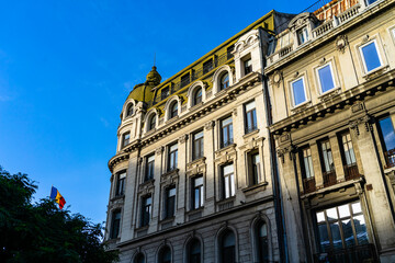 The city of Bucharest, architecture and old buildings in Bucharest, Romania, 2022