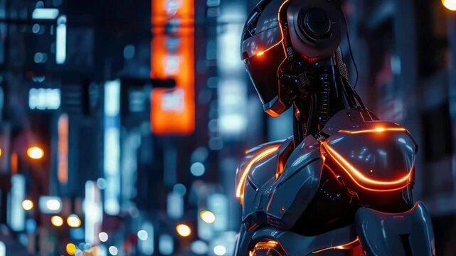 Robot stands in middle of city street, surrounded by neon lights
