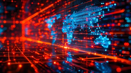 Fototapeta premium Abstract digital world map with glowing lines and dots in red and blue.
