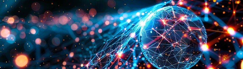 Obraz premium Abstract glowing sphere with blue and red lights against a dark background.