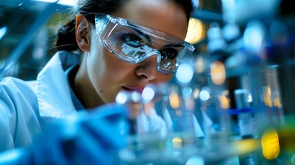 A female scientist in a lab coat and safety goggles looks intently at a beaker in a lab.  Science, research, experiment.
