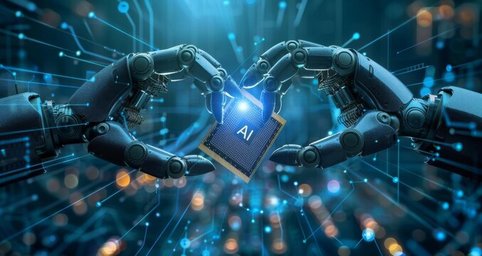 Robotic arms holding an AI chip representing advanced technology and artificial intelligence