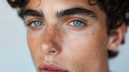 Fototapeta premium A close-up portrait of a young man with freckles and blue eyes. His face is in focus, with his eyes looking directly at the camera.