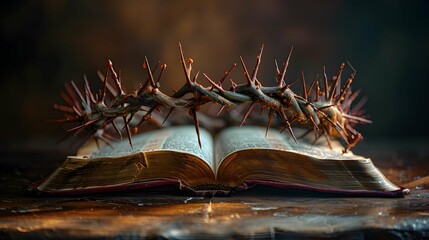 Symbolic thorns on open Bible.