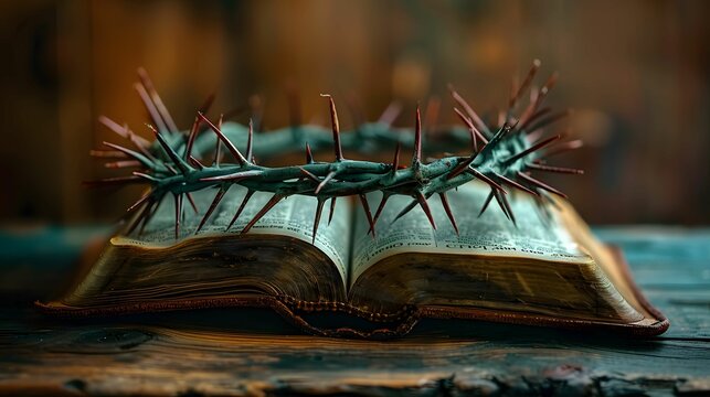 Rustic table, Bible, thorns crown.
