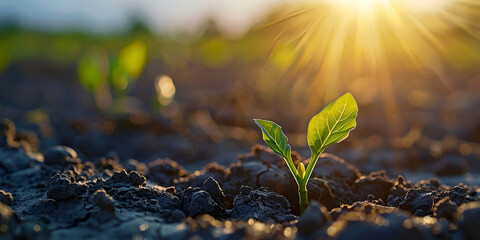 "Emerging Seedling in Fertile Soil Under Sunlight, Young Plant Growth in Rich Soil with Sunlight"