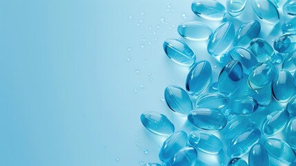 Close up of pretty blue gel capsules on a blue background with space for text