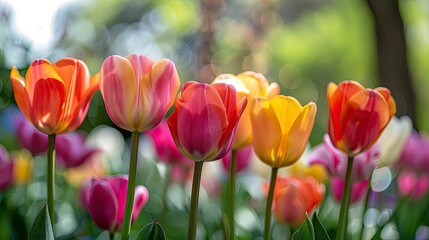 Colorful tulips blooming in spring garden