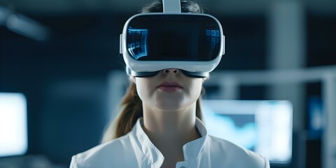 A female scientist using VR goggles in a dimly lit office with holographic data. Concept Technology, Female Scientists, Virtual Reality, Office Setting, Holographic Data