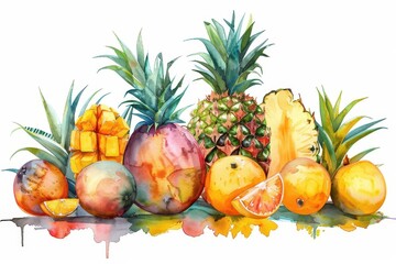 A watercolor painting of a vibrant assortment of tropical fruits, including pineapples, oranges, and mangos, on a white background.