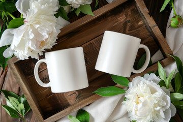 Mockup of two blank white coffee mugs on a tray, surrounded by greenery on dark wood.