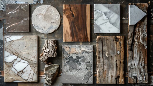 A variety of wood and marble pieces arranged on a table, showcasing different textures and colors.  