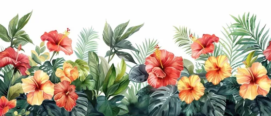 Fotobehang Seamless tropical border with vibrant hibiscus flowers and lush green leaves. © Suphakorn