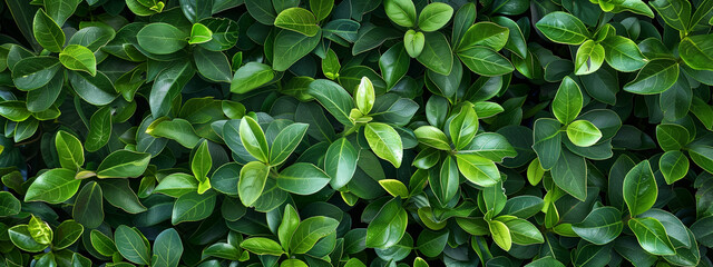 Obraz premium A top view of lush green leaves on a boxwood hedge, providing an elegant and refreshing background for various applications. Top down view of nature.