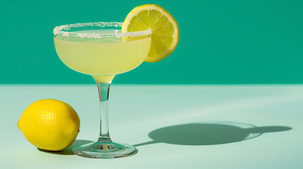 A refreshing lemon margarita with a salty rim and lemon slice on a teal background
