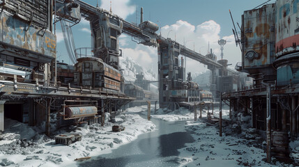 Fototapeta premium A rusted industrial bridge stretches over a frozen river amidst snow-covered ruins and structures