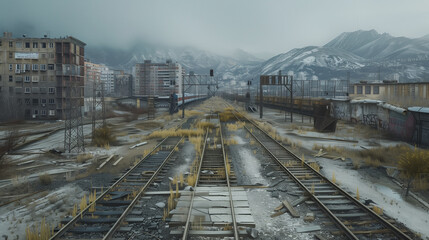 Fototapeta premium An abandoned train yard with rusty tracks and buildings against a backdrop of snow-covered mountains and overcast skies
