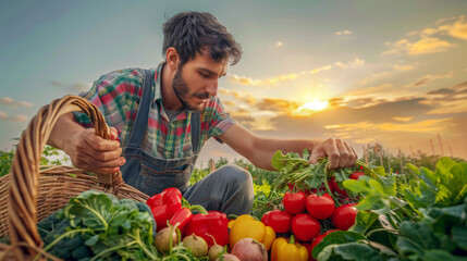Young farmer harvesting vegetables in the garden