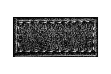 Black leather frame. Belt strap closeup isolated on white. Black stitched leather seam frame. Label...