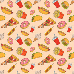 fast food seamless pattern, french fries, hamburger, donut, hot dog, pizza, taco, ice cream, cola, corn dog