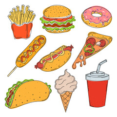 fast food hand drawn set, french fries, hamburger, donut, corn dog, hot dog, pizza, taco, ice cream, cola