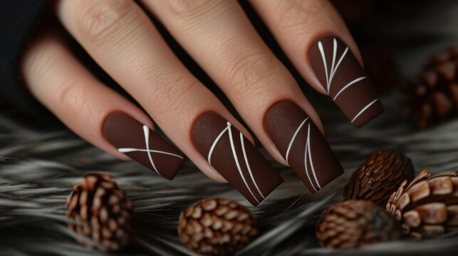 A hand with long, almond-shaped nails painted a deep brown color with thin white lines on each nail.