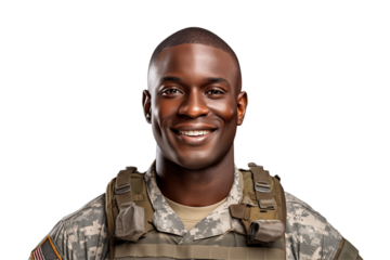 Smiling afro american soldier on transparent background. Smiling african soldier isolated on transparent background png cutouts. Army World. American army. Image for graphic designer. Africa.