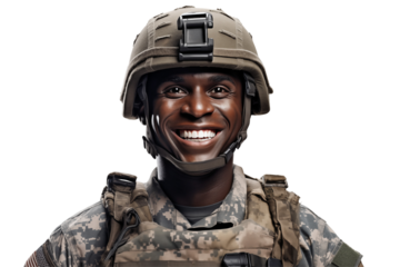Smiling afro american soldier on transparent background. Smiling african soldier isolated on transparent background png cutouts. Army World. American army. Image for graphic designer. Africa.