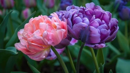 Fototapeta premium Pink and purple tulips Double peony tulips isolated Colorful flowers for holidays Celebrating mothers and women Welcoming Spring Double late tulips