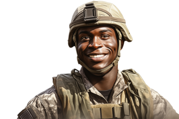 Smiling afro american soldier on transparent background. Smiling african soldier isolated on transparent background png cutouts. Army World. American army. Image for graphic designer. Africa.