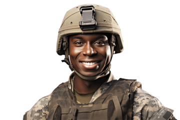 Smiling afro american soldier on transparent background. Smiling african soldier isolated on transparent background png cutouts. Army World. American army. Image for graphic designer. Africa.