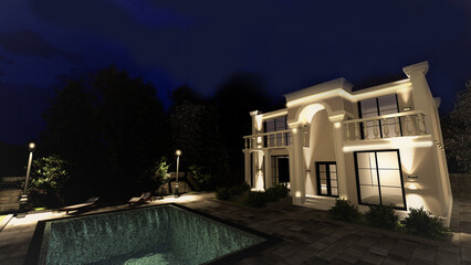 Architectural render of a neoclassical house with a pool in yard