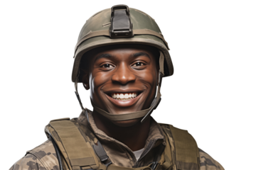 Smiling afro american soldier on transparent background. Smiling african soldier isolated on transparent background png cutouts. Army World. American army. Image for graphic designer. Africa.