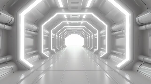 futuristic white hallway with bright lights