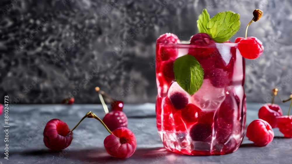 Poster  Refreshing summer cocktail with raspberries and mint