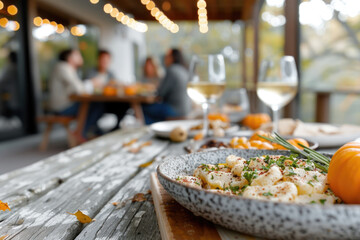 Obraz premium Thanksgiving table setting outdoors with pumpkins and candles. Autumn home decoration