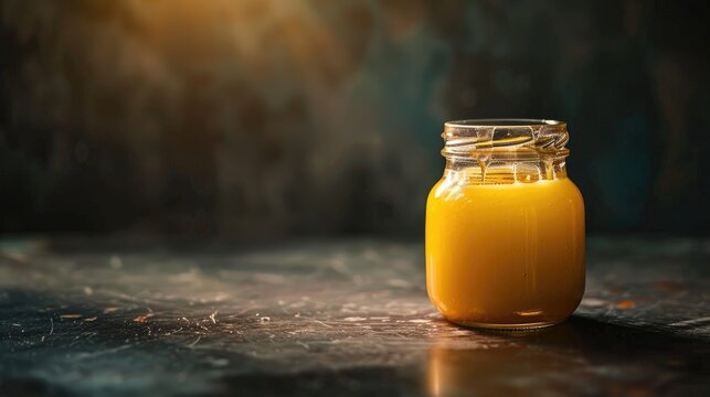 Homemade ghee in a dark background container