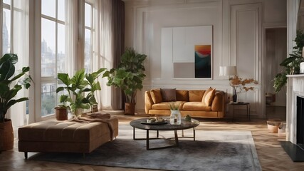 modern living room with orange sofa