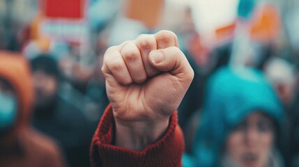 A fist is raised in the air in a crowd of protesters. Concept of unity and determination among the protesters